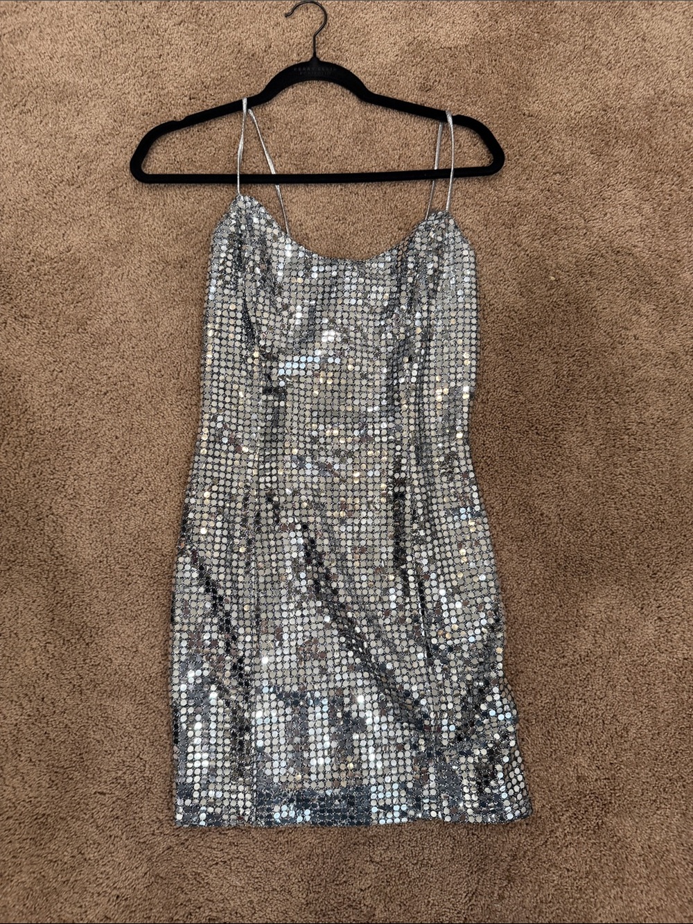 Silver Sequin Mini Slip Dress with Spaghetti Straps